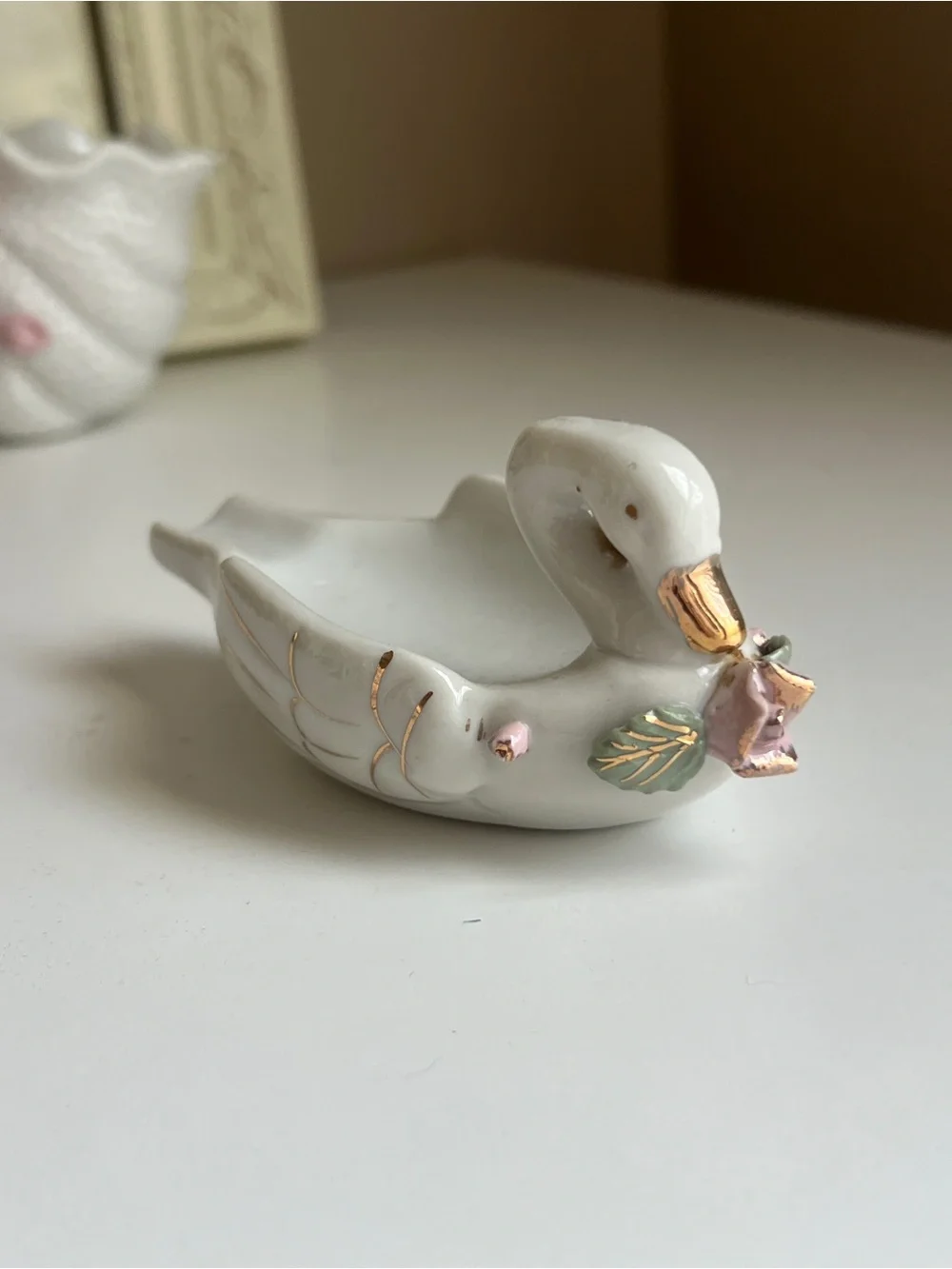 Vintage Porcelain Swan Ring Dish with Gold and Pink Accents